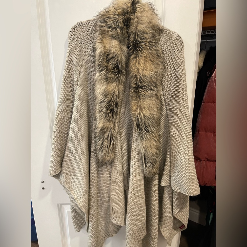 Knit Poncho with Faux Fur Trim